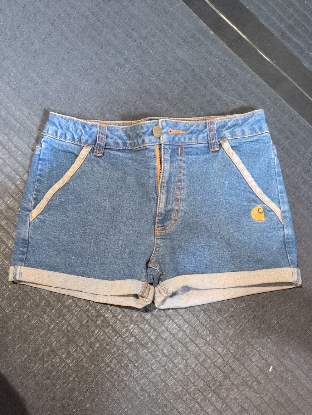 Carhartt Blue Denim Shorts with Tan Trim and Logo